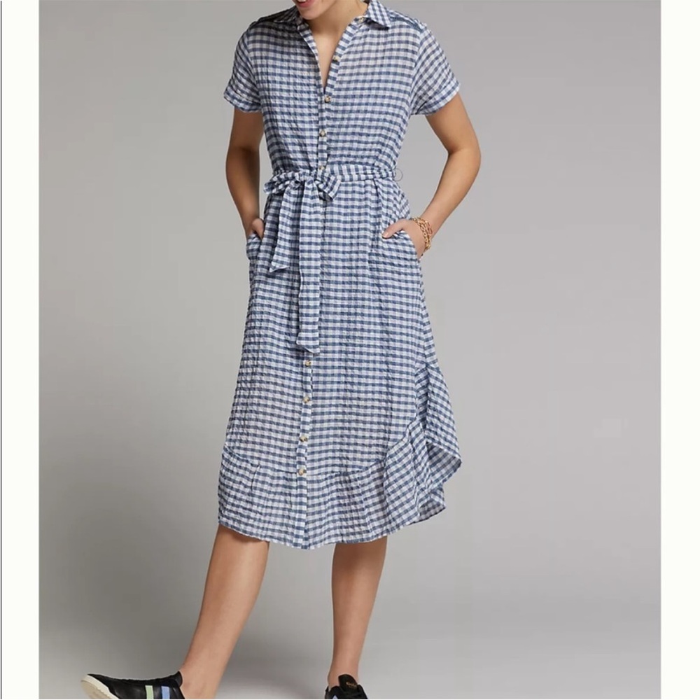 Anthropologie Maeve Finley Blue Tie Belt Gingham Shirtdress XSmall